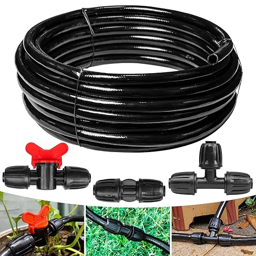 Maotong 40 FT 1/2 inch Drip Irrigation Irrigation kit Main Line Supply Hose Tube for Garden Irrigation System (Includes 1/2"" Straight Connector, 3-Way Connector, Switch Valve), Black