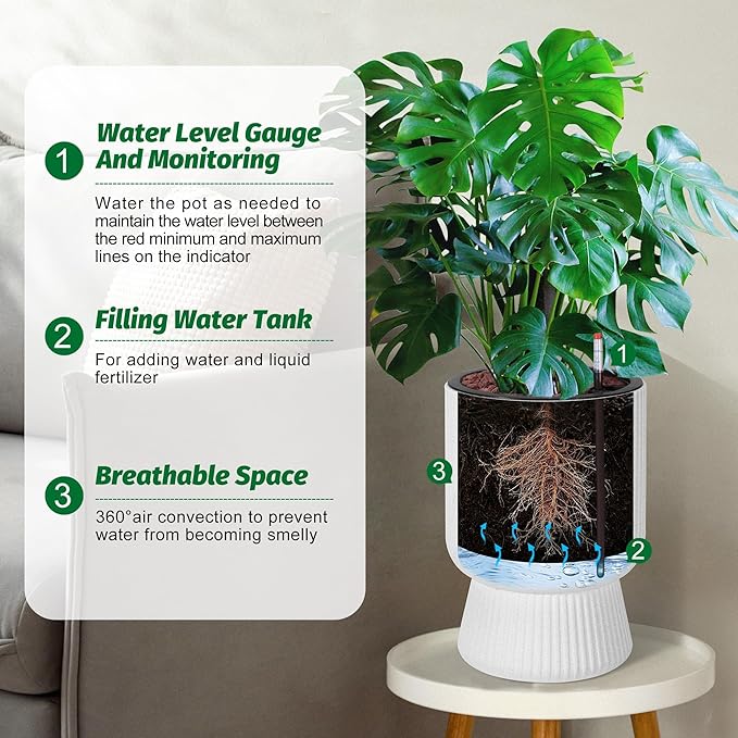 IDEALHOUSE Self Watering Planters Set of 2, 14.2 Inch Tall Outdoor/Indoor Flower Pots with Water Level Indicator, Large Modern Planter with Hidden Reservoir for Patio, Porch, Balcony,White