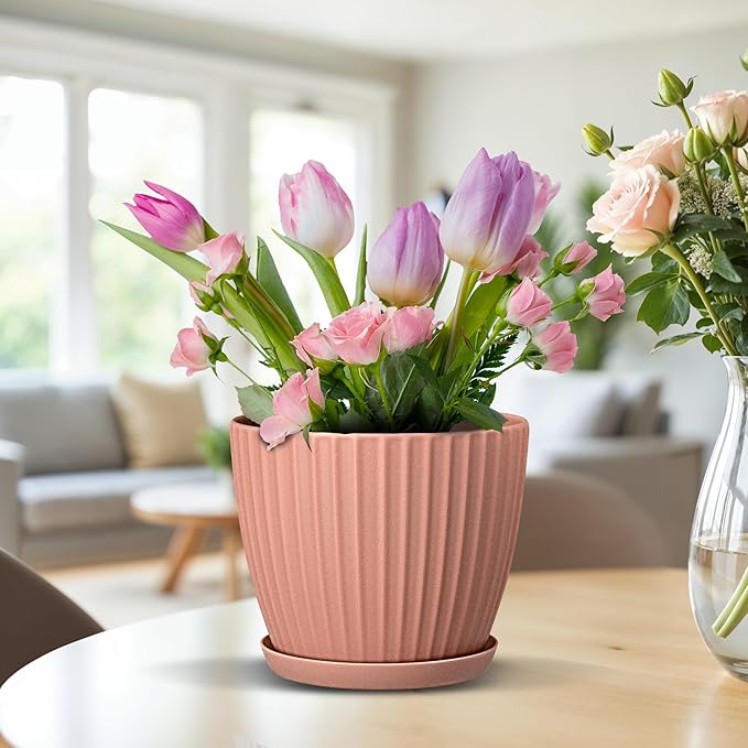 Pink 6-Inch Plant Pots with Drainage & Saucers 12 Pack, Indoor & Outdoor Planters for Houseplants, Herbs, and Flowers, Durable & Weatherproof Material, Stackable, Lightweight, Minimalist Design