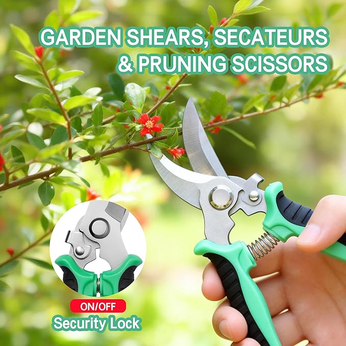 3PCS Garden Pruning Shears Set - Heavy Duty Bypass Pruners, Sharp Stainless Steel Gardening Scissors with Ergonomic Handle, Secateurs for Plants, Flowers, Fruit Trees, Bush Trimming (Green)