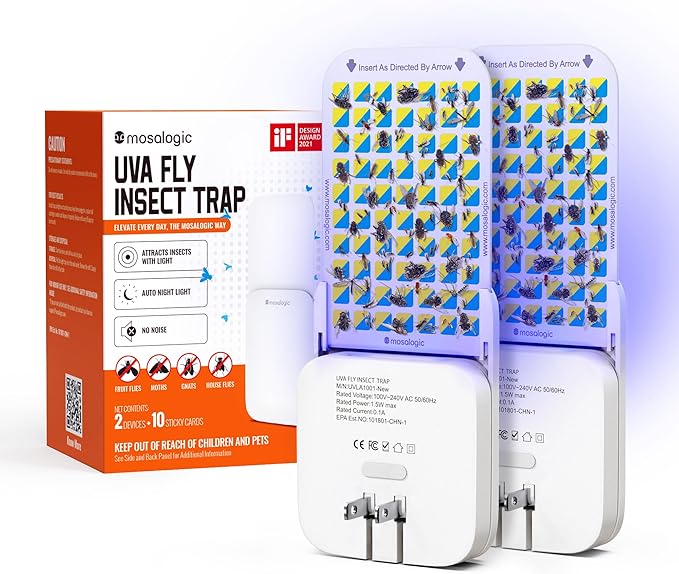 Mosalogic Fruit Fly Traps for Indoors Gnat Trap for House Indoor-600 Sqft Protection Area UV Fly Insect Trapper for Fruit Flies，Gnats，Mosquito，and Other Flying Insect Plug-in Bug Killer White 2Pack