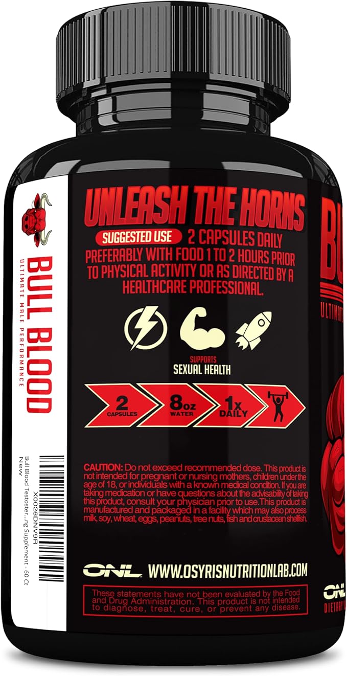 ONL Bull Blood Testosterone Booster for Men - Male Enhancing Testosterone Supplement - Strength, Stamina & Endurance with Maca Root, Horny Goat Weed, Tribulus Terrestris & Tongkat Ali - 60 Ct