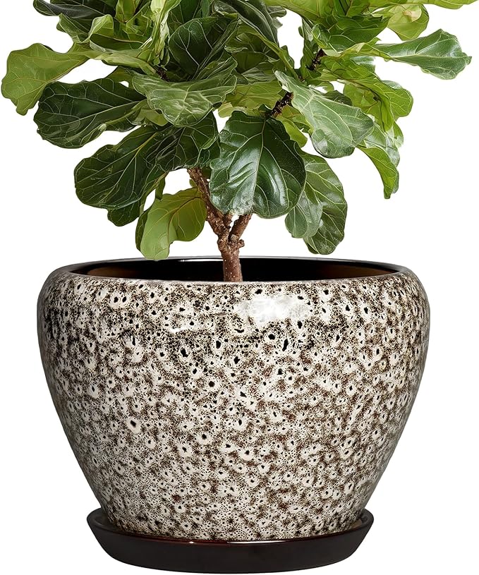 Ceramic Pots for Plants - 10 Inch Planters for Indoor Outdoor Plants, Decorative Plant Pots with Drainage Hole and Saucer, Large Plant Pot, Living Room Decor, Gardening Gifts, White Leopard