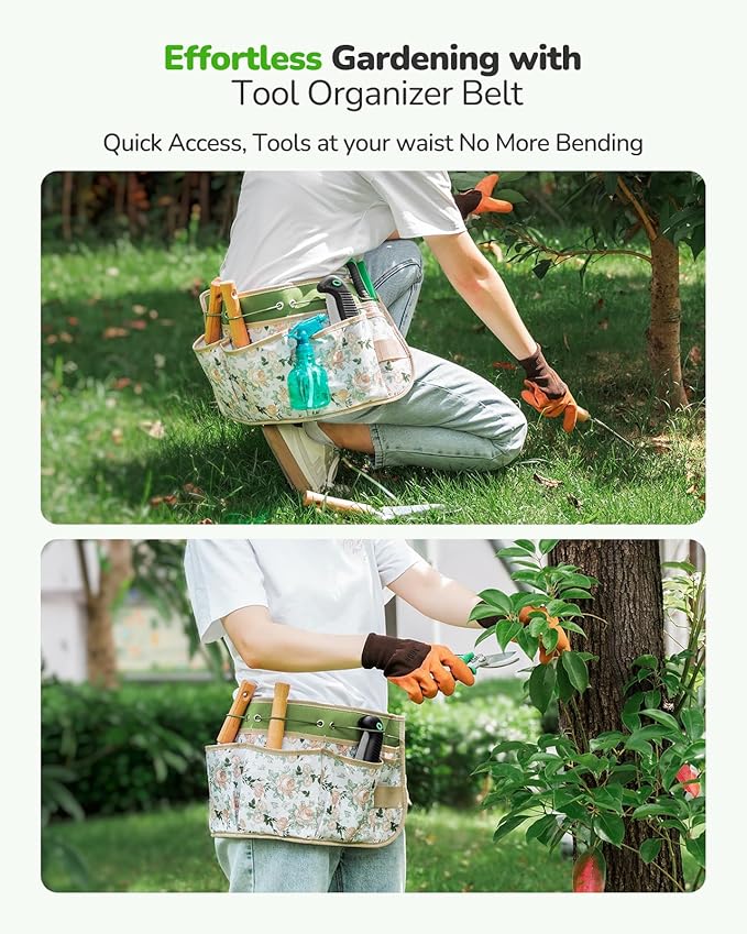Grenebo All-in-One Garden Tool Set with Tools Organizer Belt Adjustable, 10-Piece Gardening Hand Tools, Long Lasting Rust-Proof Premium Garden Tool Kit, Gardening Gift for Women Men (Green)