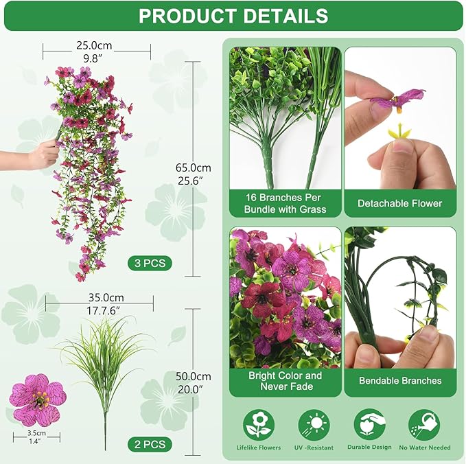 Artificial Hanging Flowers with Wheat Grass for Outdoors, 5 Pcs Fake Hanging Plants for Spring Decor, UV Resistant Faux Silk Flower Greenry for Planter Porch Patio Yard Garden(Light Purple Red)