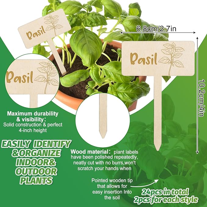 JarThenaAMCS 24Pcs Wooden Plant Label Signs 12 Styles Spring Summer Garden Herb Markers Wood T-Type Tags Reusable Plant Stake Tags with Names for Nursery Indoor Outdoor Garden Decor