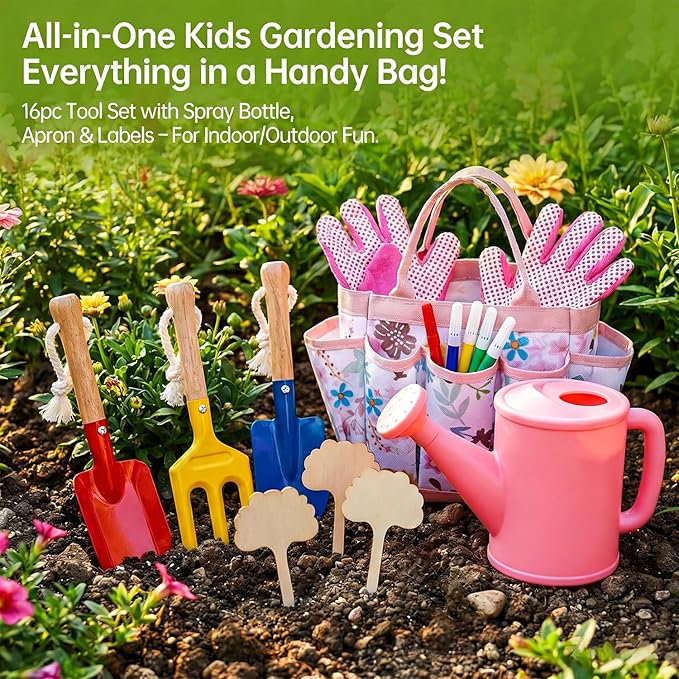 Kids Gardening Set - Gardening Tools for Kids includes Watering Can, Shovel, Rake, Gloves, Waterproof Apron and Garden Tote Bag, Children Garden Tool Outdoor Toys Gifts for Boys Girls Age 3 4 5 6 7 8