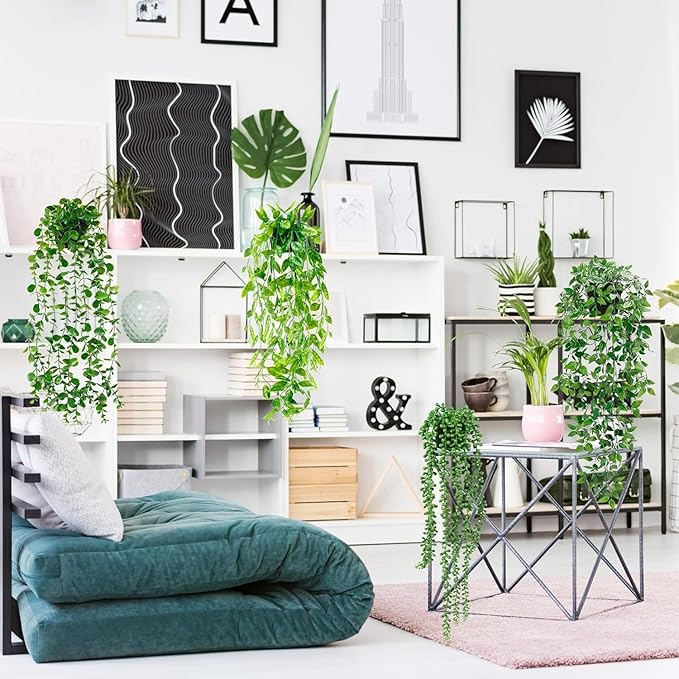Palonu 4 Pack Faux Artificial Hanging Plants, Fake Potted Greenery with Eucalyptus Vine, Mandala, Pea Pod Leaves & String of Pearls in Pots for Office, Living Room, Bathroom, Indoor & Outdoor Décor