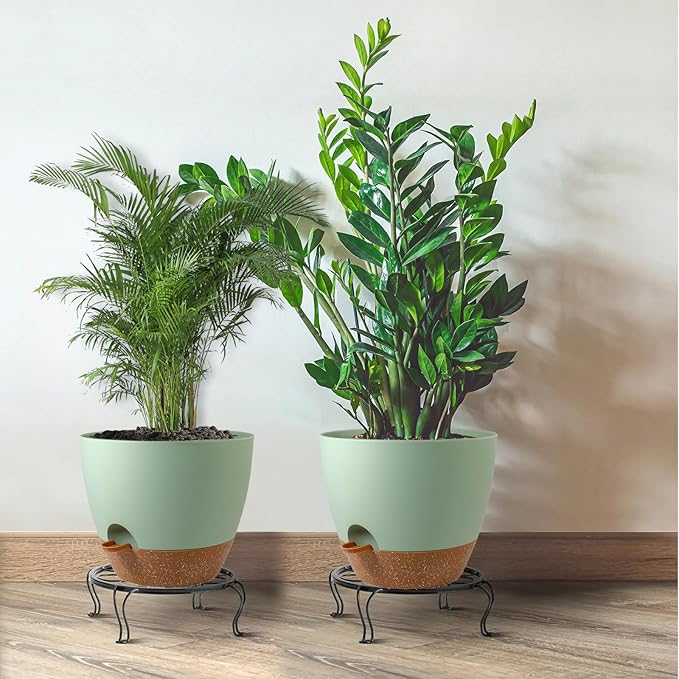 UOUZ 12inch 2Pack Large Self Watering Planters, Plastic Plant Pots with 60oZ Removable Deep Reservoir and Multi Mesh Drainage Holes for Indoor Outdoor Garden Plants and Flowers, Green with Brown