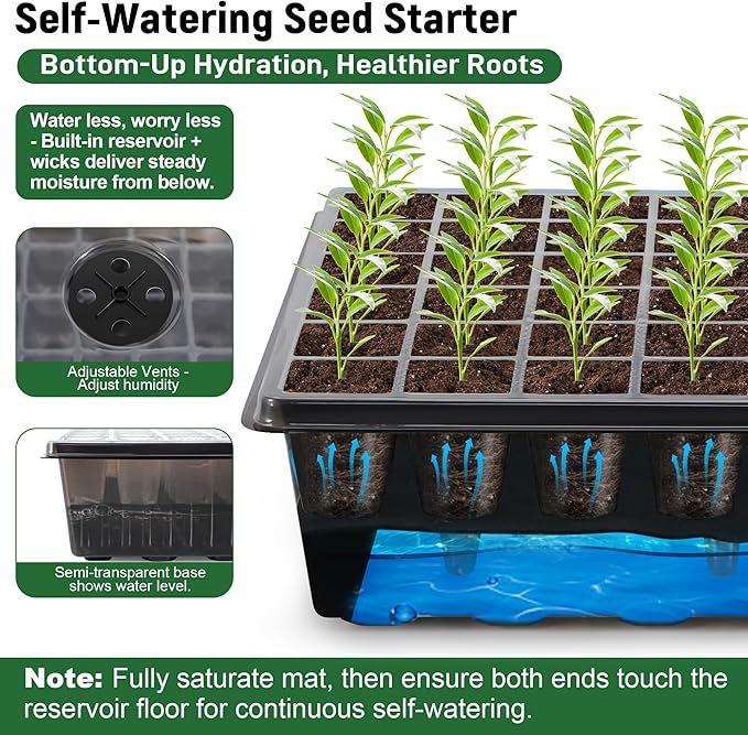DazSpirit 60-Cell Self-Watering Seed Starter Kit with Grow Light and Heat Mat, Seedling Tray with Humidity Dome, Indoor Plant Germination Tray for Beginners - Grow Tomatoes, Peppers, Herbs & Flowers