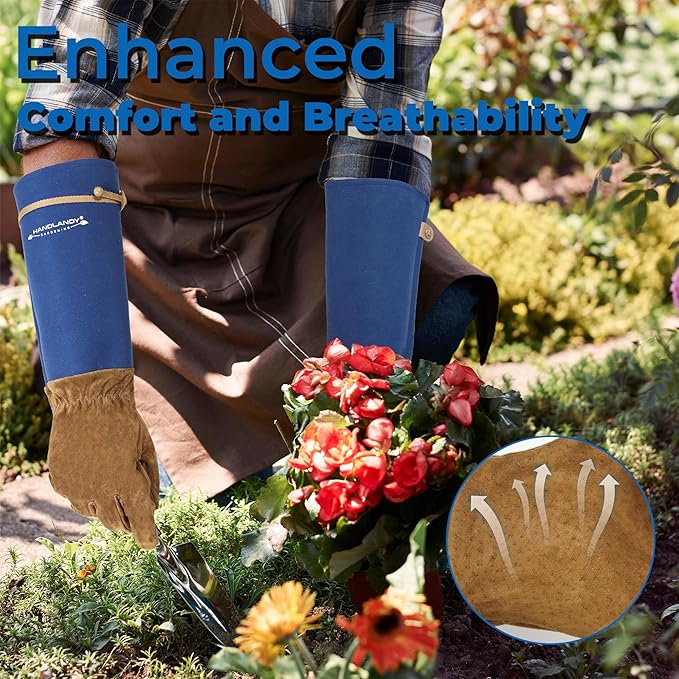 HANDLANDY Long Gardening Gloves for Men & Women, Pigskin Leather Rose Pruning Gloves, Breathable Thorn Proof Gauntlet Glove (Blue, S)