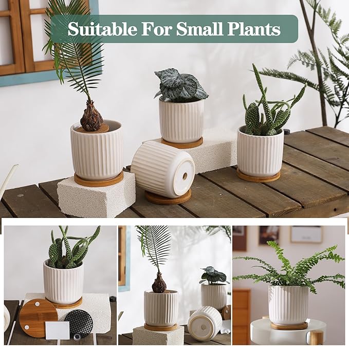 TAMAYKIM 4 Inch Ceramic Plant Pots with Drainage Holes, Modern Vertical Pattern Flower Planter with Saucer for Indoor Plants, Succulent, Cactus & Herbs, White, Set of 4 (Plants Not Included)
