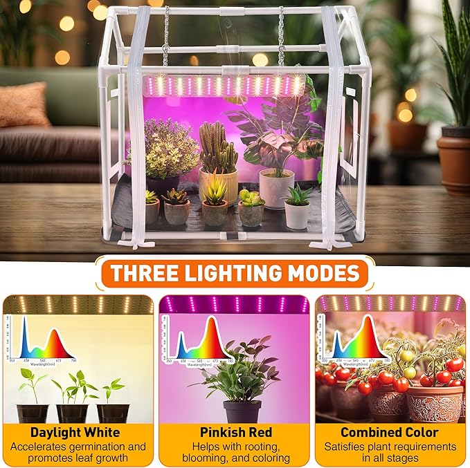 Meonum Mini Greenhouse with Grow Light, 23.6" L x 15.7" W x 19.6" H Portable Greenhouse with Waterproof Bottom Mat, Timer, 3 Light Color Mode for Indoor Outdoor Seed Starter Tray (Mini House Shape)