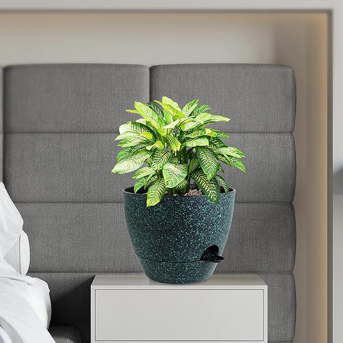 WSMKSZ 12 inch Large Self Watering Pots, Planter, Plant Pots with Mesh Drainage Holes for Indoor Outdoor House Plants and Garden, Plastic Flower Pots with Reservoir, Black with Green Speckles