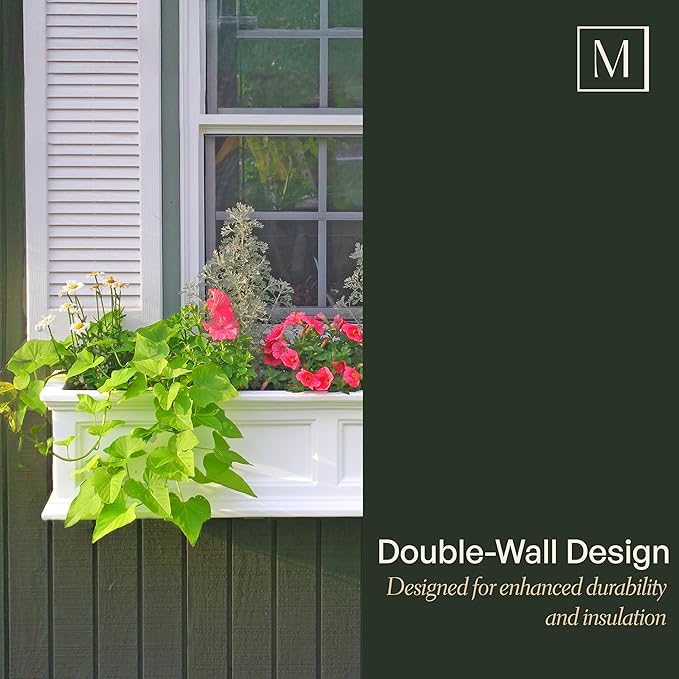 Mayne Fairfield 5ft Window Box, Self Watering Flower Box with Double Wall Design, All Season Fade Resistant Outdoor Window Planter With Steel Mounting Bracket, White