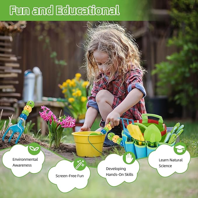 FITNATE Green Kids Garden Tools Set,6 PCS Gardening Tools for Kids Including Watering Can, Shovel, Rake, Fork, Children Gardening Gloves and Garden Tote Bag, All in One Set