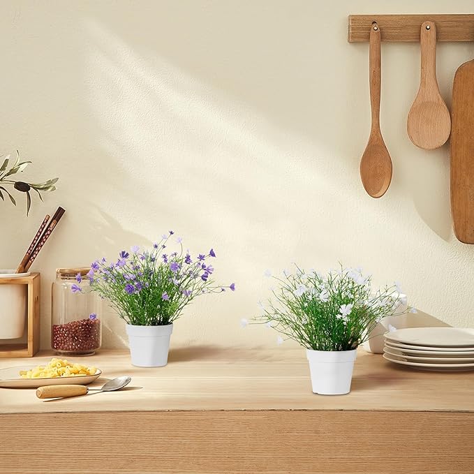 Artificial Babys Breath Potted Fake Plants with Flowers Faux Plants Indoor for Home Office Bookshelf Table Room Decor, White (Pack of 2)