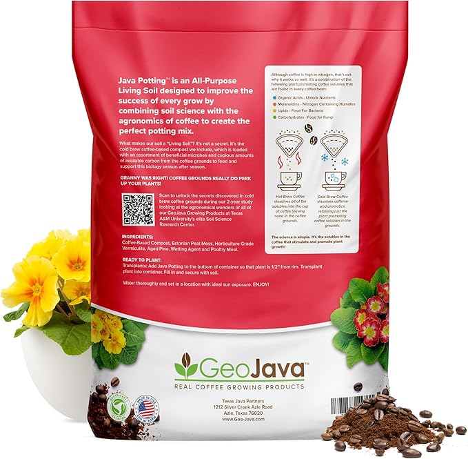 Java Potting Soil: A Well Draining, Coffee‑Infused Living Indoor Mix Ready to Grow. for All Monstera, Calathea, Fiddle Leaf Fig, ZZ, Snake, Spider and Pothos Plants; with Chunky Vermiculite. 6 (QT)