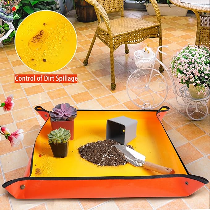 HNXTYAOB Repotting Mat for Indoor Plant Transplanting and Potting Soil Mess Control Portable Succulent Planting Potting Tray Gardening Gifts for Women Men Plant Lover Gifts (Orange 27" x 27")