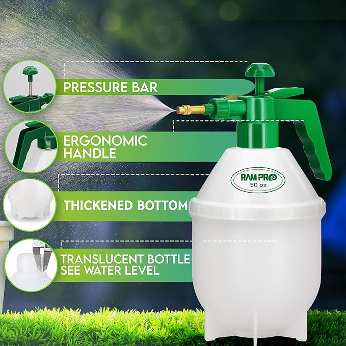 RamPro Garden Sprayer, 0.4 Gallon Pump Sprayer, 1.5L Weed Sprayer, 50 Oz Water Sprayer Pump Spray Bottle for Lawn Sprayer, Plant Mister, Safety Valve & Adjustable Brass Nozzle Pressure Hand Sprayer