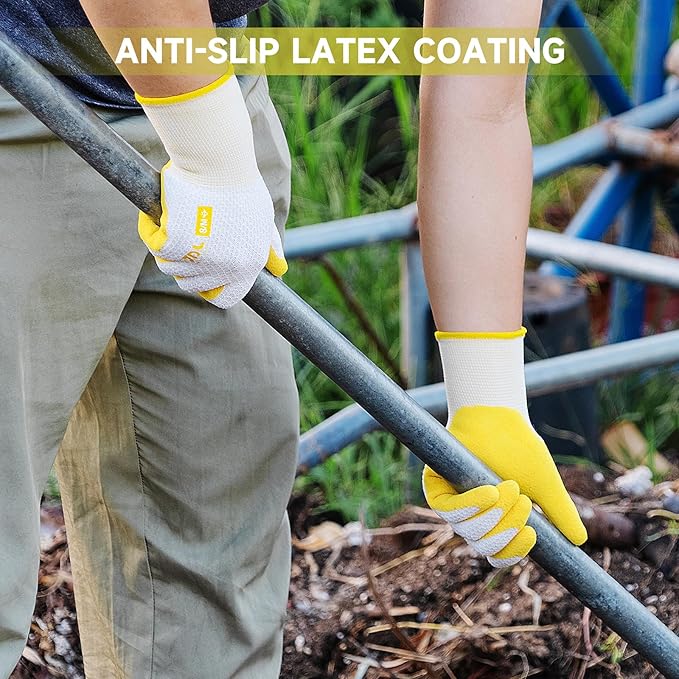 JDL Gardening Gloves for Women, 2 Pairs Breathable Latex Coated Yard Garden Gloves, Rubber Outdoor Protective Work Gloves with Grip, Yellow, Small Size