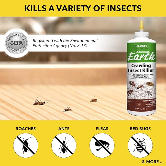 Harris 8 oz Diatomaceous Earth Crawling Insect Killer — 100% Natural Dust for Ants, Roaches, Bed Bugs, Fleas — Indoor & Outdoor Use