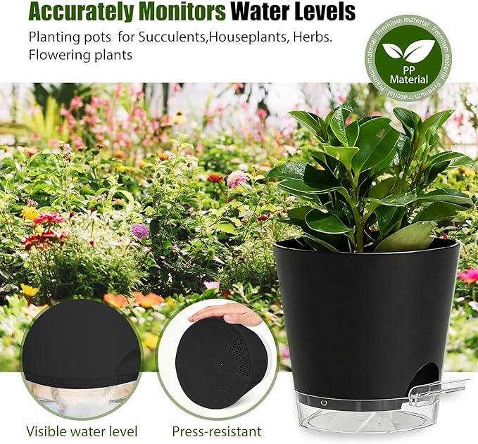 Plant Pots 7 Inch Self Watering Pots, 6 Pack Plastic Planters with Drainage Holes and Clear Saucers,Plastic Flower Pots for Indoor Out Door Plants (Black)