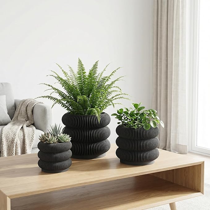 Fabix 4.7/6/8" 3D Printed Plant Pots - Unique Bubble Ring Modern Planters for Indoor Plants, Durableo-Friendly PLA Flower Pots with Drainage for Succulents, Cactus, Home Office Décor. (Black)