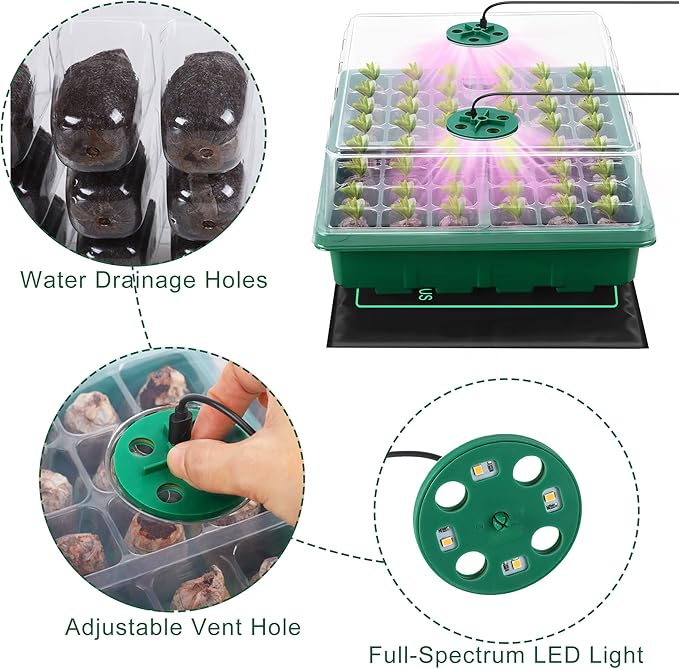 Hahood Seed Starter Kit with Grow Light Seedling Heat Mat 48 Cells Seed Starter Tray with Humidity Dome and Base Germination Trays Plastic Growing Trays Plant Propagation Kit for Seed Starting, Green