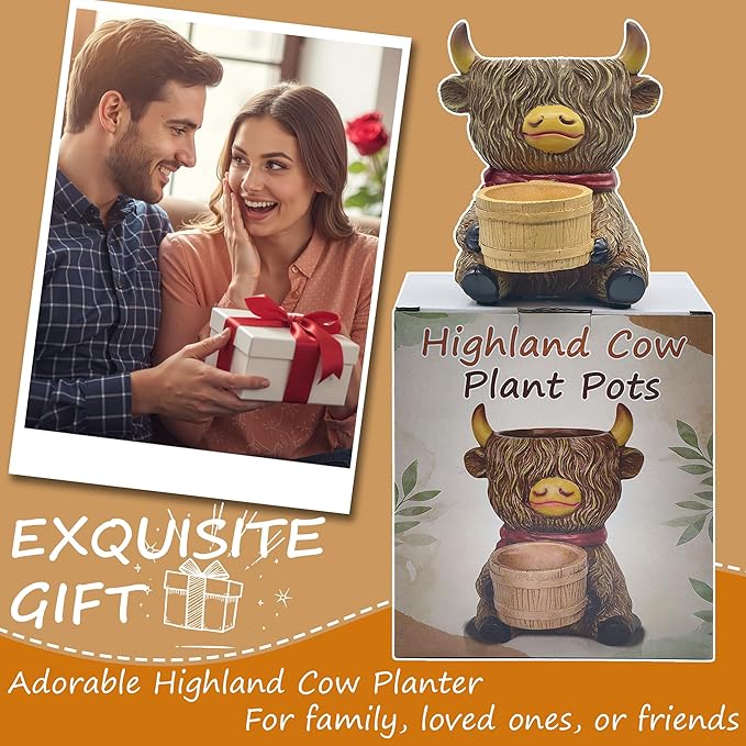 Cute Plant Pots Decor Gifts - Highland Cow Planter with Two Planters Animal Flower Pots with Drainage,Mini Succulent Pot for Home Desk Patio Decorations Outdoor Indoor Plants Pot Gift for Plant Lovers