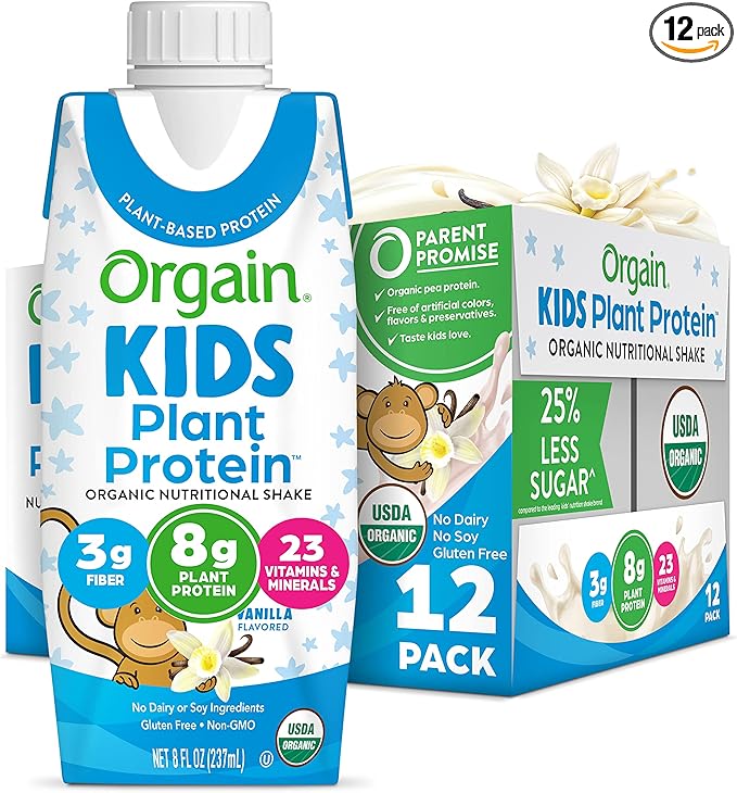 Orgain Organic Kids Nutritional Vegan Protein Shake, Vanilla - Healthy Kids Snacks, 8g Plant Protein, 3g Fiber, 23 Vitamins & Minerals, No Dairy & Soy, Non-GMO, 8 Fl Oz (12 Pack) Package May Vary
