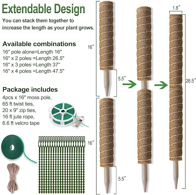 Fabulas Moss Pole 47.5 Inch - Monstera Plant Support, 4 Packs 16 Inch Plant Stakes for Indoor Plants Coco Coir Moss Pole Sticks for Climbing Potted Live Plants, Pothos, Philodendron, with Garden Ties