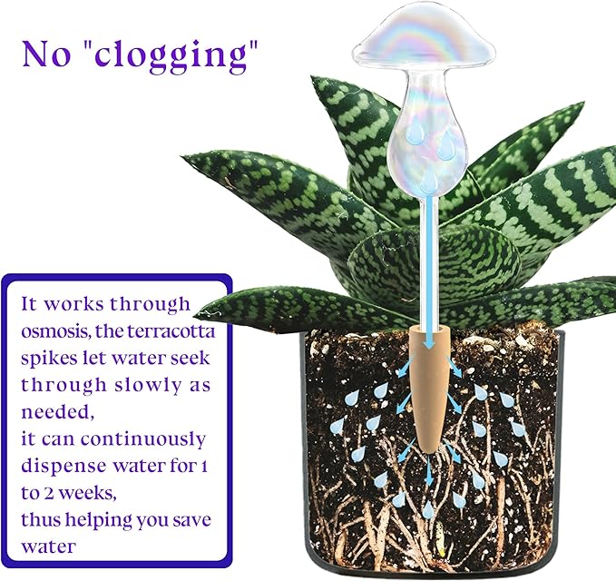 HyJeryty 3 Pack Non-Clogging Iridescent Mushroom Plant Watering Globes with Terracotta Spikes, Hand Blown Glass Self Watering Planter Insert Plant Watering Devices Bulbs for Indoor and Outdoor Plants