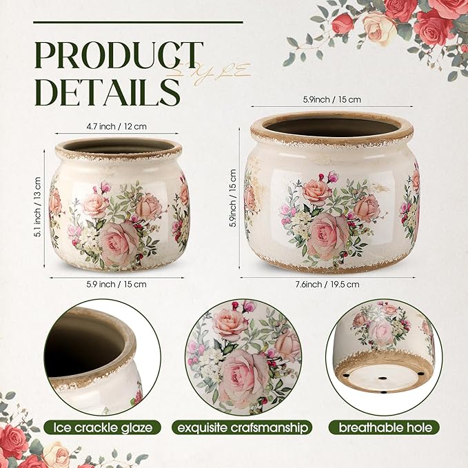 2 Pcs Vintage Planter Ceramic Plants Pot with Drainage Ice Crack Scroll Flower Vase Pot for Indoor Outdoor Plants Home Kitchen Decor Gifts(Country Rose,7.7" & 5.9")