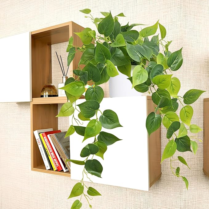 Waipfaru Artificial Plants Indoor, 1Pcs 34" Realistic Fake Pothos Hanging Plants Silk Vines Ivy Potted, Fake Pothos for Living Room Office Bedroom Bathroom Kitchen Shelves Indoor Home Decor