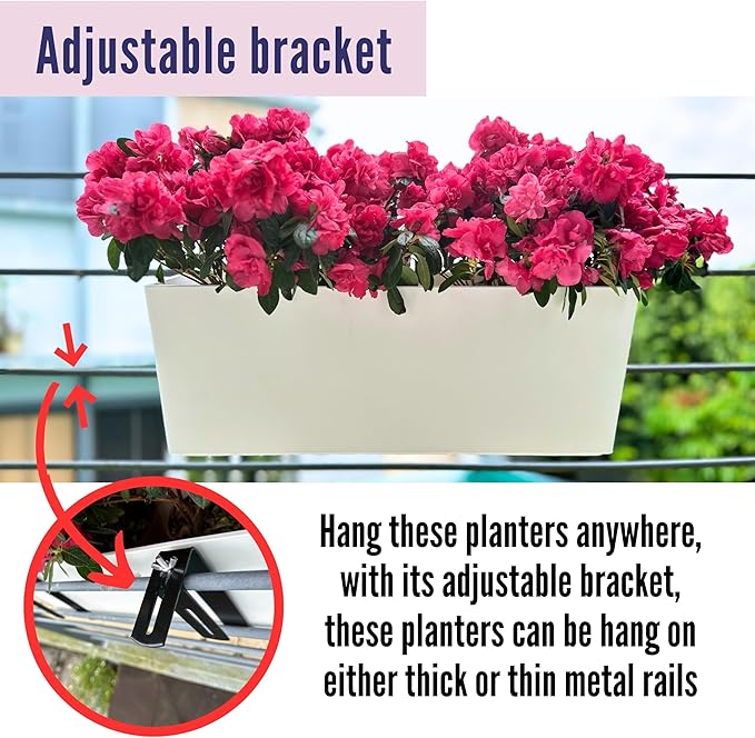 LaLaGreen Railing Planter Box (20 Inch, 4 Pack) White Rectangular Window Flower Boxes with Bracket, Self Watering System Hanging Planter Box for Outdoor Plant Pots Container Deck Rail Fence Balcony