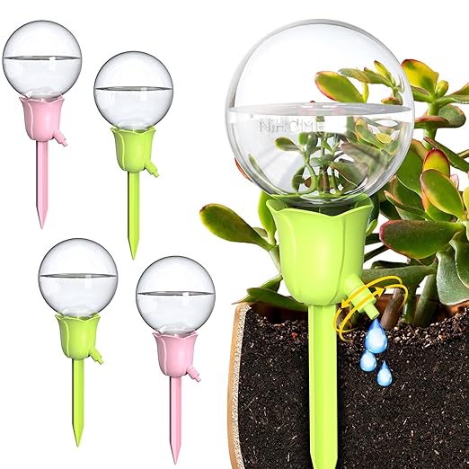 NiHome 4PCS Self-Watering Globes for Indoor & Outdoor Plants, Adjustable Flow Automatic Drip Irrigation Bulbs w/Tulip Stakes for Potted Plants, Succulents, Hanging Baskets, Gardens (2 Pink + 2 Green)