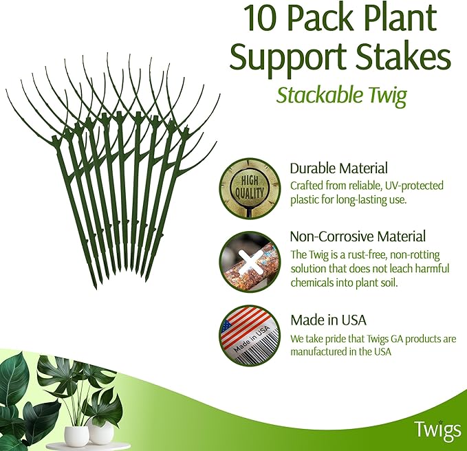 Twigs GA - Stackable Plant Support Stakes, Indoor & Outdoor Houseplant Stem Support, Garden Accessories, Trellis Alternative for Climbing & Potted Plants - Monstera (Dark Green), 10 Pack, 17" L