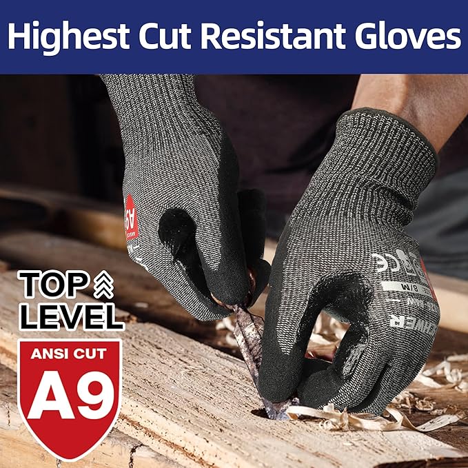 Schwer ProGuard High Level Cut Resistant Work Gloves PR3326 for Extreme Protection，ANSI A9 Cut Gloves with Reinforced Thumb, Non Slip, Breathable, Durable, Touch-screen, Black 1 Pair（L）