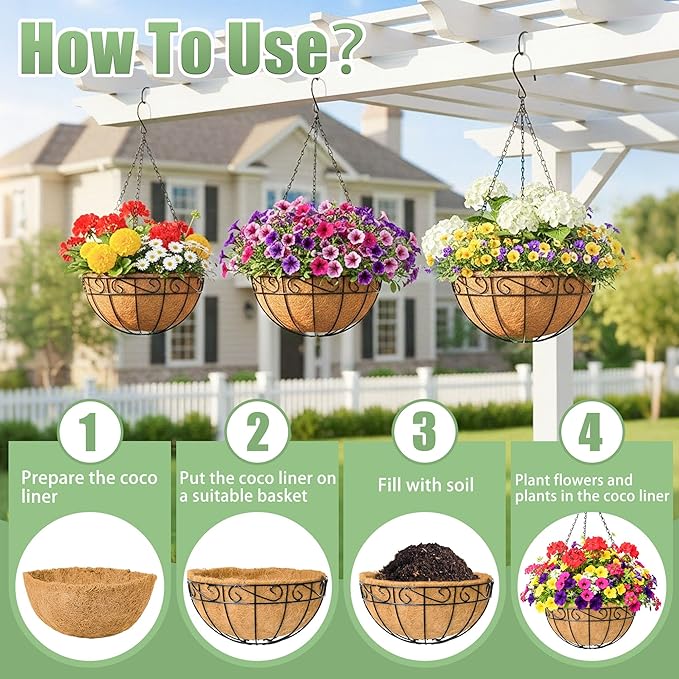 4 Pack 12 Inch Hanging Baskets for Plants Outdoor Metal Hanging Planters Round Hanging Flower Pots with Coco Coir Liner Plant Holder for Outdoor Patio Garden Balcony Decor - Flower Border