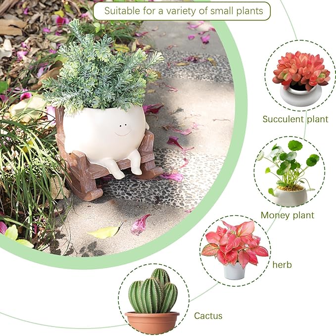 Camotank Smiley Face Rocking Chair Planters Flower Pots for Plants Funny Succulents Plant Live Cute Resin Head Planter for Indoor Outdoor Plants Gift Ideas for Mother and Christmas (Small)