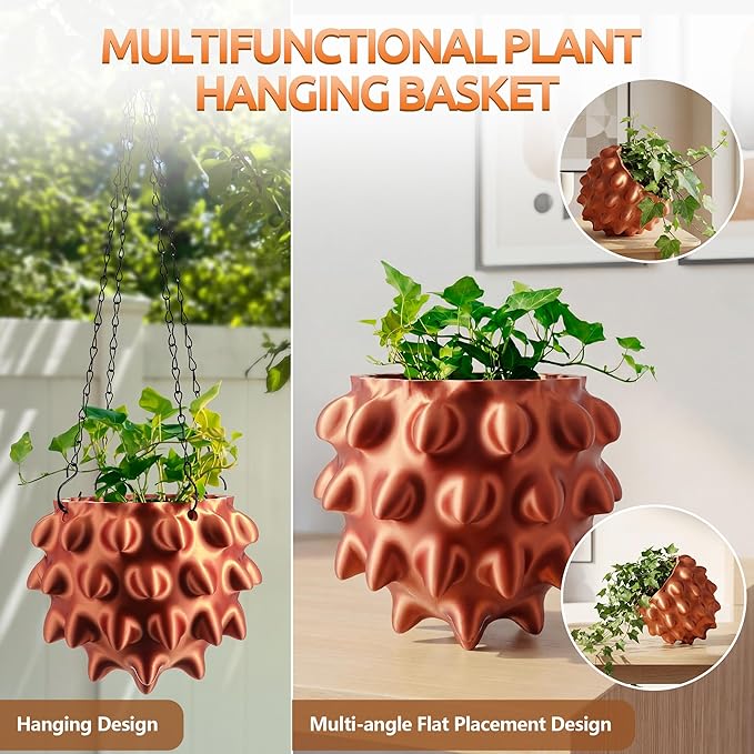 Enhon 7 Inch Hanging Planters for Indoor Plants, Unique Hanging Pots for Plants with Drainage and Hanger Baskets Hangers, Spiked Orb Plant Hanger, Silky Copper Finish