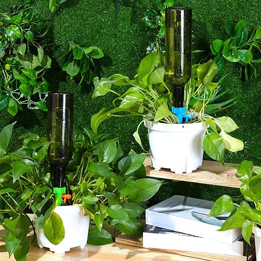 SiliFine 8 Set Plant Watering Devices with Self Watering Spikes and 26 oz Plastic Bottles Plant Waterer Devices with Adjustable Control Valve Switch Indoor Outdoor (Green)