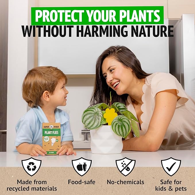 Super Ninja Fungus Gnat Traps - 30 Pack, Highly Effective Gnat Traps for House Indoor, Yellow Sticky Trap for Plants, Non-Toxic & Nature-Friendly, Up to 3 Months