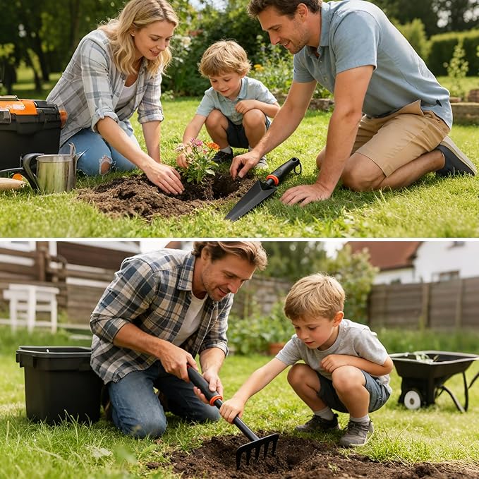 5 Pack Garden Tool Set, Gardening Hand Tools with Rubber Handle, Including Trowel, Rakes, 2-in-1 Hoe and Crack Weeder for Planting, Weeding, Transplanting, Digging, Trimming and Clearing