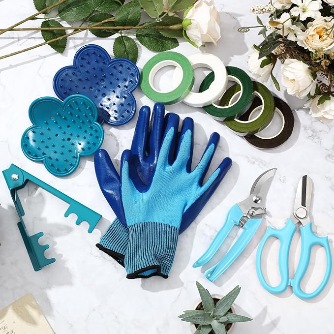WILLBOND Floral Arrangement Kit, Valentine Rose Thorn Stripper Tool Garden Pruning Shears Scissors Rose Thorn Remover Pruner Trimmer Gloves Tapes Florist Garden Tool Gift Kit for Women(Blue)