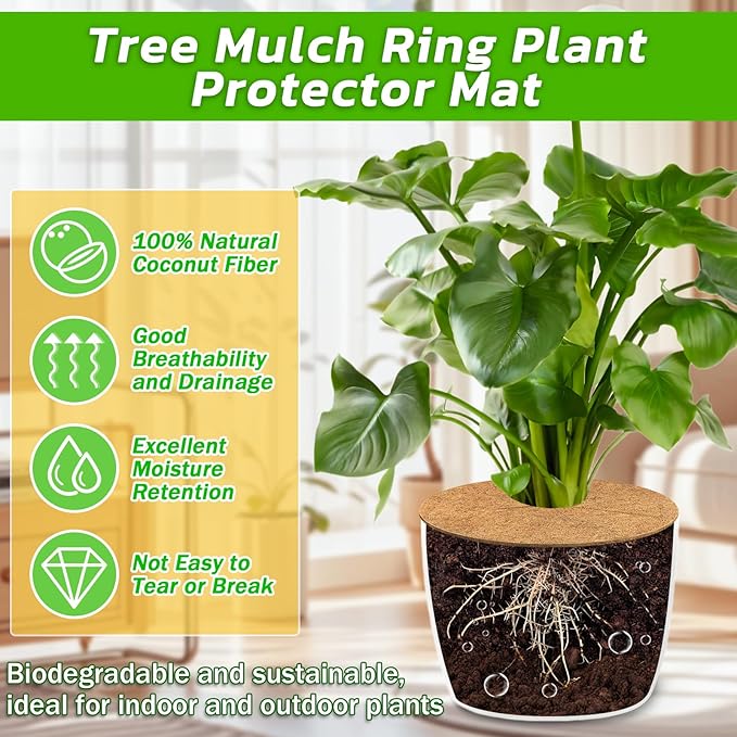 Legigo 4pcs Coconut Fiber Mulch Ring Tree Plant Protector Mat, 18 Inch Natural Coco Coir Tree Mulch Ring Plant Pot Soil Cover, Tree Rings Disc Plant Cover for Indoor Outdoor Plants, Landscaping