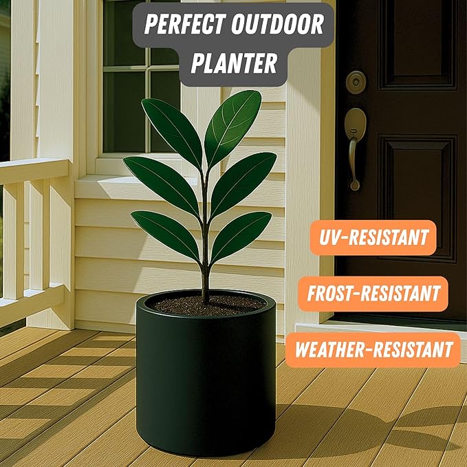 Fox & Fern 10 Inch Black Plant Pot with Drainage Plug — Premium Lightweight Fiberstone Matte Black Planter, 10 Inch Pots for Plants, for Indoor & Outdoor Use, Weather Resistant & UV Resistant