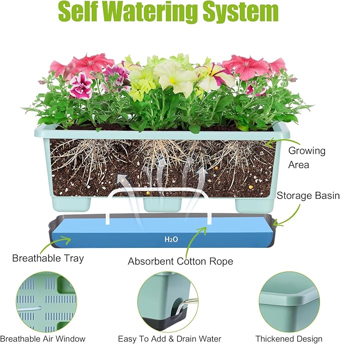 Oliz Window Box Planter 8 Pcs, 17 Inches Rectangle Flower Pots with Drainage Holes & Trays, Vegetable Planters for Windowsill Patio Garden Balcony Home Indoor Outdoor (Green, 16 * 7 * 6 inch)