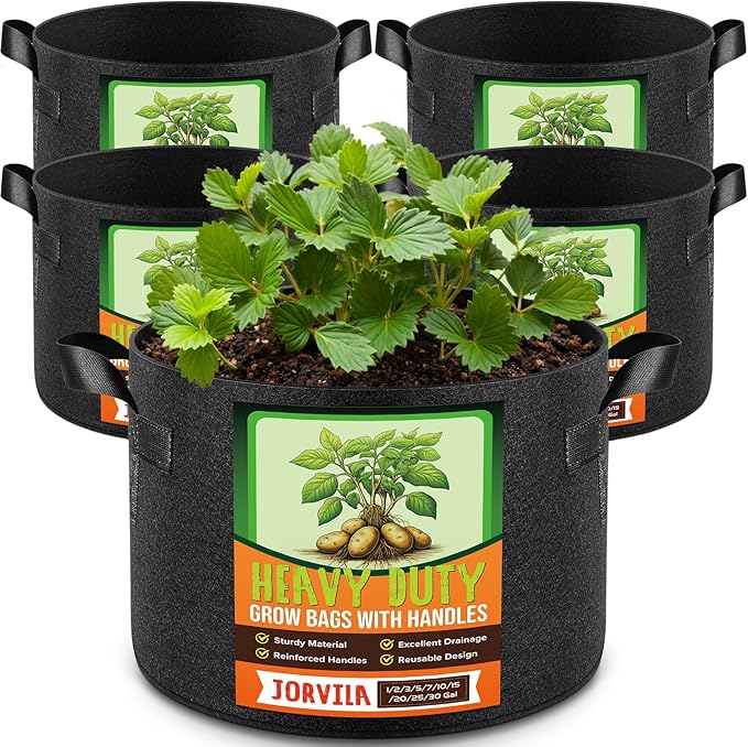 Jorvila 5 Pack 3 Gallon Grow Bags, Thickened Nonwoven Fabric Planter Pots with Handles, Heavy Duty 300G Garden Pots for Tomato, Potato and Vegetable